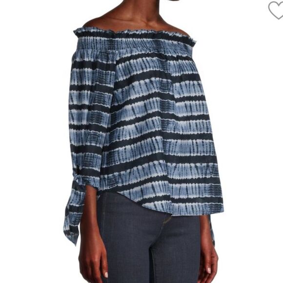 NWT Michael Kors Smocked Off Shoulder Chambray Stripes Chic & Polished Top S - Picture 1 of 13